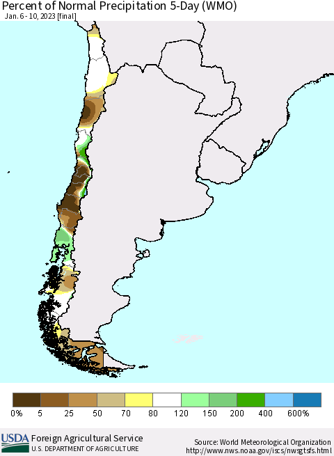 Chile Percent of Normal Precipitation 5-Day (WMO) Thematic Map For 1/6/2023 - 1/10/2023