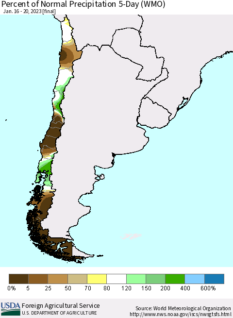 Chile Percent of Normal Precipitation 5-Day (WMO) Thematic Map For 1/16/2023 - 1/20/2023