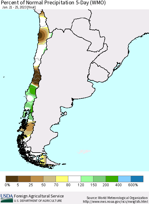 Chile Percent of Normal Precipitation 5-Day (WMO) Thematic Map For 1/21/2023 - 1/25/2023