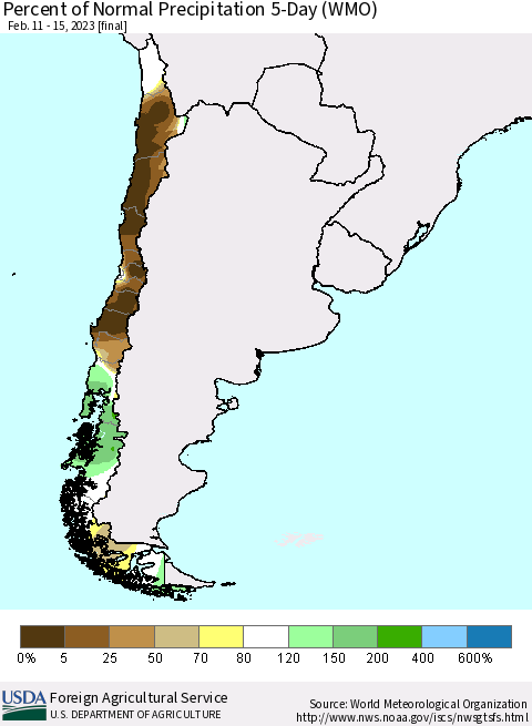 Chile Percent of Normal Precipitation 5-Day (WMO) Thematic Map For 2/11/2023 - 2/15/2023