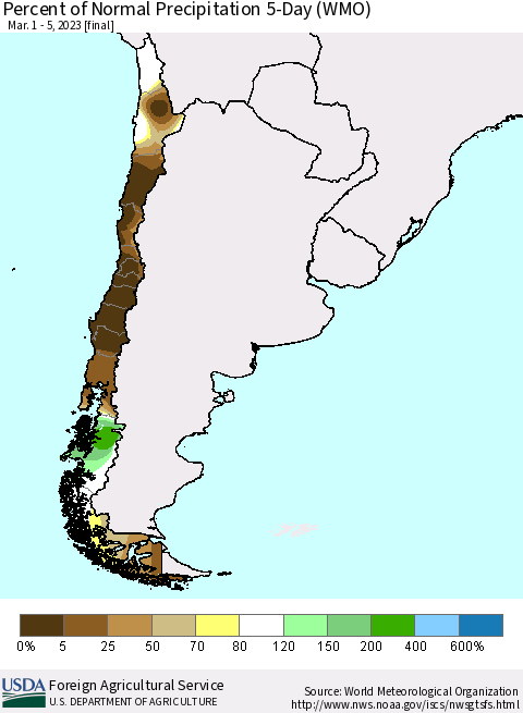 Chile Percent of Normal Precipitation 5-Day (WMO) Thematic Map For 3/1/2023 - 3/5/2023