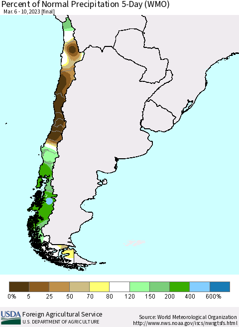 Chile Percent of Normal Precipitation 5-Day (WMO) Thematic Map For 3/6/2023 - 3/10/2023