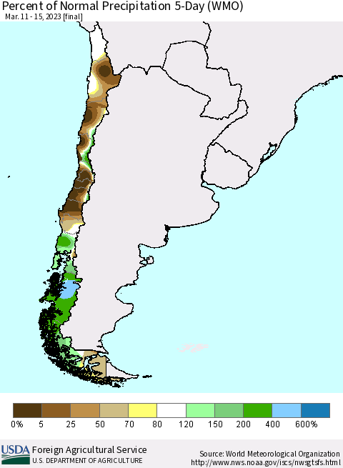 Chile Percent of Normal Precipitation 5-Day (WMO) Thematic Map For 3/11/2023 - 3/15/2023