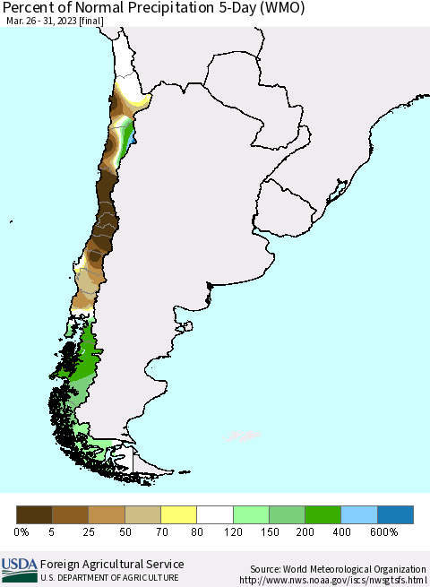 Chile Percent of Normal Precipitation 5-Day (WMO) Thematic Map For 3/26/2023 - 3/31/2023
