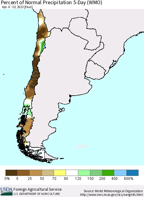 Chile Percent of Normal Precipitation 5-Day (WMO) Thematic Map For 4/6/2023 - 4/10/2023
