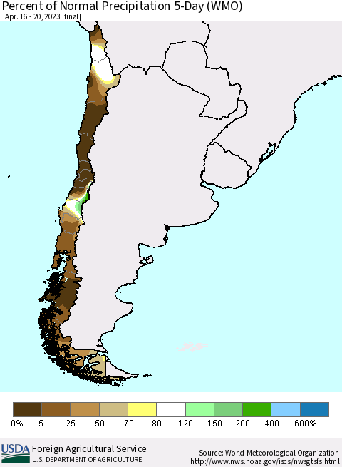 Chile Percent of Normal Precipitation 5-Day (WMO) Thematic Map For 4/16/2023 - 4/20/2023