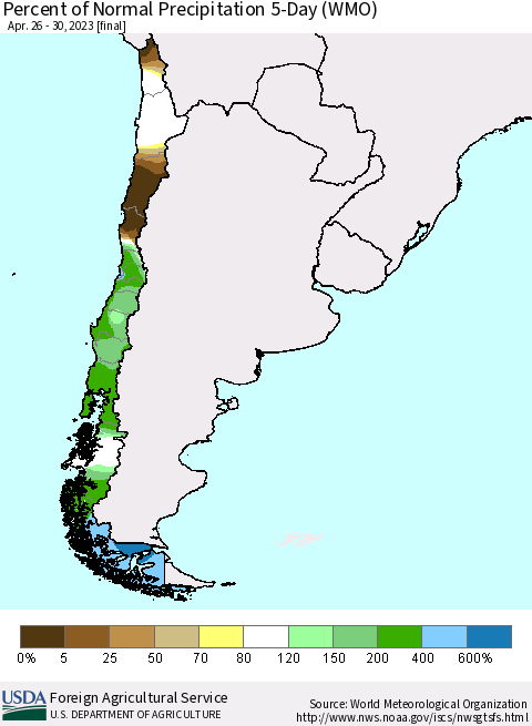 Chile Percent of Normal Precipitation 5-Day (WMO) Thematic Map For 4/26/2023 - 4/30/2023