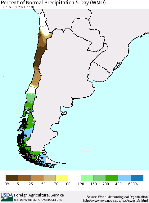 Chile Percent of Normal Precipitation 5-Day (WMO) Thematic Map For 6/6/2023 - 6/10/2023