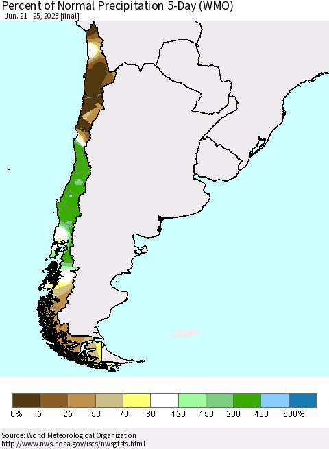 Chile Percent of Normal Precipitation 5-Day (WMO) Thematic Map For 6/21/2023 - 6/25/2023