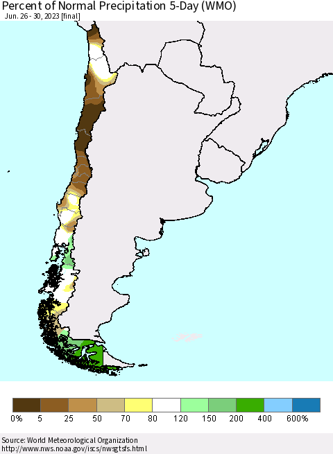 Chile Percent of Normal Precipitation 5-Day (WMO) Thematic Map For 6/26/2023 - 6/30/2023