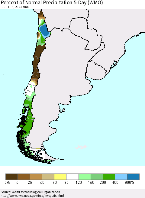 Chile Percent of Normal Precipitation 5-Day (WMO) Thematic Map For 7/1/2023 - 7/5/2023