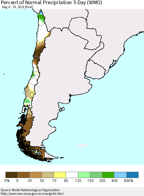 Chile Percent of Normal Precipitation 5-Day (WMO) Thematic Map For 8/6/2023 - 8/10/2023