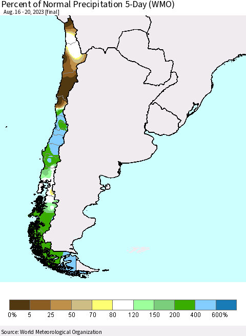 Chile Percent of Normal Precipitation 5-Day (WMO) Thematic Map For 8/16/2023 - 8/20/2023