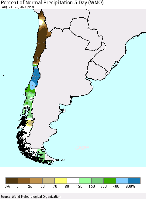 Chile Percent of Normal Precipitation 5-Day (WMO) Thematic Map For 8/21/2023 - 8/25/2023