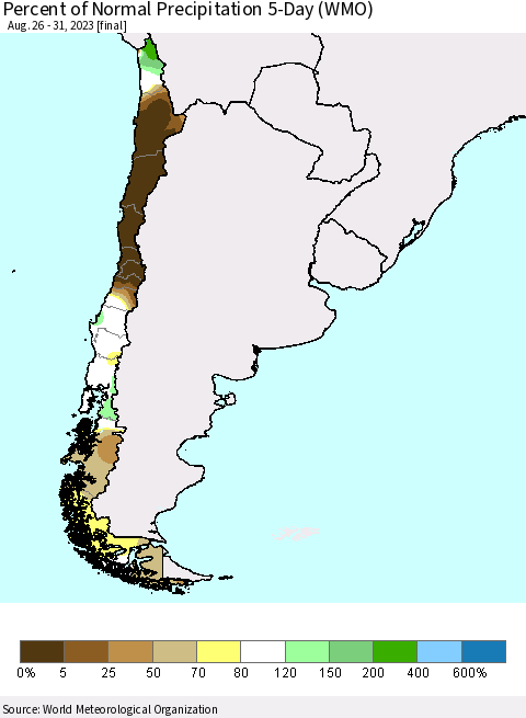 Chile Percent of Normal Precipitation 5-Day (WMO) Thematic Map For 8/26/2023 - 8/31/2023
