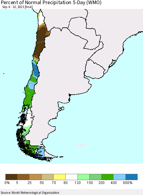 Chile Percent of Normal Precipitation 5-Day (WMO) Thematic Map For 9/6/2023 - 9/10/2023