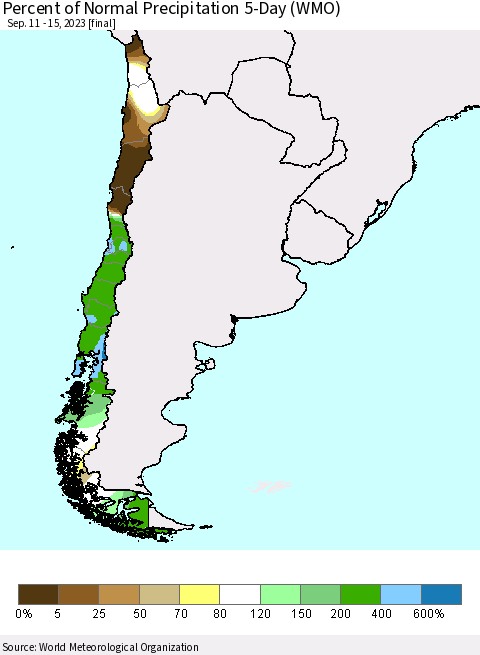 Chile Percent of Normal Precipitation 5-Day (WMO) Thematic Map For 9/11/2023 - 9/15/2023
