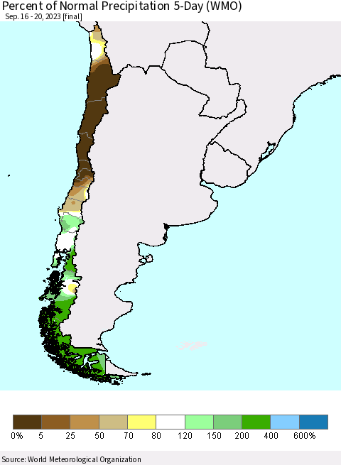 Chile Percent of Normal Precipitation 5-Day (WMO) Thematic Map For 9/16/2023 - 9/20/2023