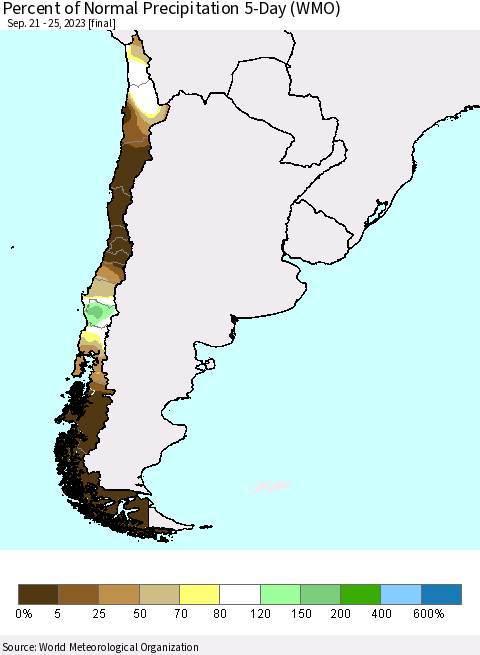 Chile Percent of Normal Precipitation 5-Day (WMO) Thematic Map For 9/21/2023 - 9/25/2023