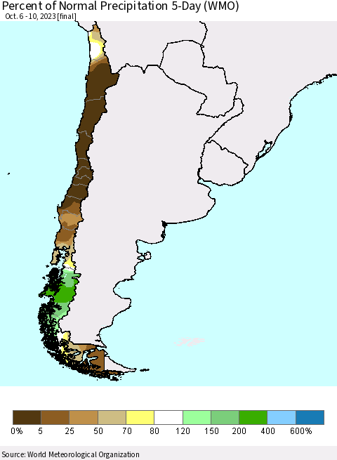Chile Percent of Normal Precipitation 5-Day (WMO) Thematic Map For 10/6/2023 - 10/10/2023