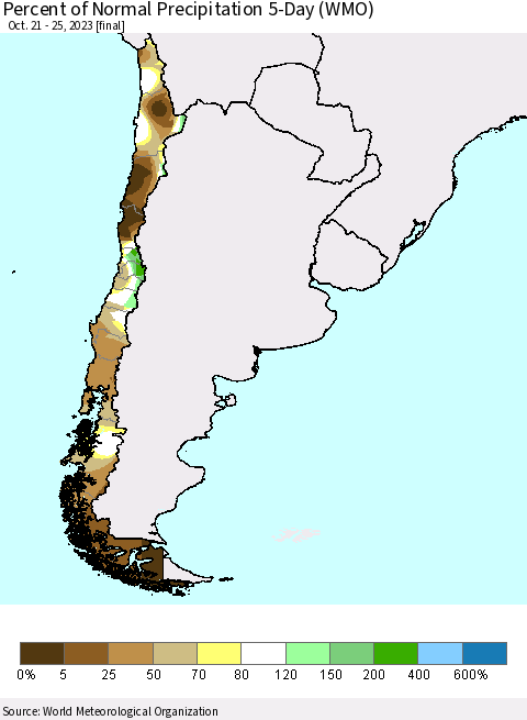 Chile Percent of Normal Precipitation 5-Day (WMO) Thematic Map For 10/21/2023 - 10/25/2023