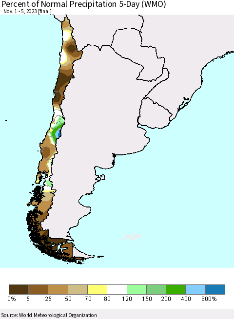 Chile Percent of Normal Precipitation 5-Day (WMO) Thematic Map For 11/1/2023 - 11/5/2023