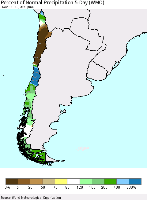 Chile Percent of Normal Precipitation 5-Day (WMO) Thematic Map For 11/11/2023 - 11/15/2023