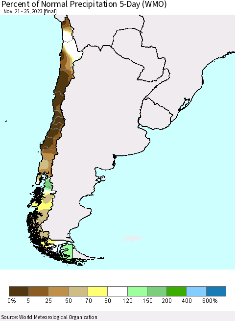 Chile Percent of Normal Precipitation 5-Day (WMO) Thematic Map For 11/21/2023 - 11/25/2023