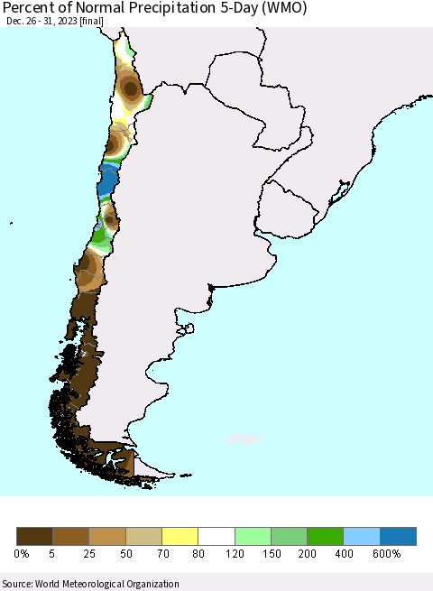 Chile Percent of Normal Precipitation 5-Day (WMO) Thematic Map For 12/26/2023 - 12/31/2023