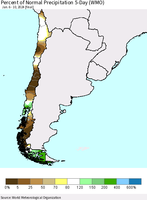 Chile Percent of Normal Precipitation 5-Day (WMO) Thematic Map For 1/6/2024 - 1/10/2024