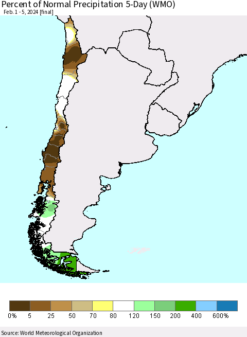 Chile Percent of Normal Precipitation 5-Day (WMO) Thematic Map For 2/1/2024 - 2/5/2024