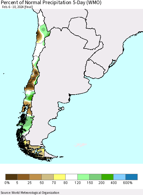 Chile Percent of Normal Precipitation 5-Day (WMO) Thematic Map For 2/6/2024 - 2/10/2024