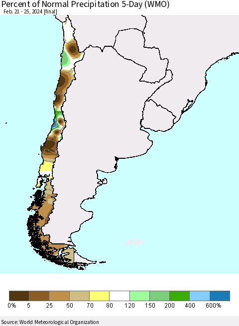 Chile Percent of Normal Precipitation 5-Day (WMO) Thematic Map For 2/21/2024 - 2/25/2024
