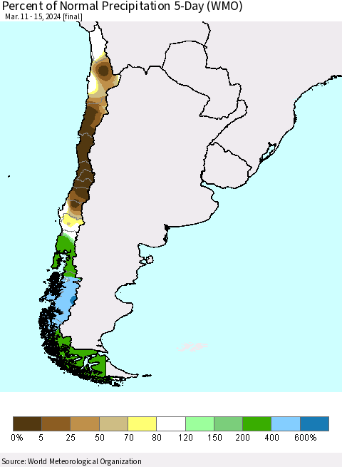 Chile Percent of Normal Precipitation 5-Day (WMO) Thematic Map For 3/11/2024 - 3/15/2024