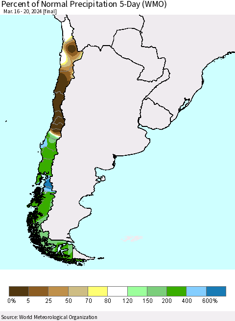 Chile Percent of Normal Precipitation 5-Day (WMO) Thematic Map For 3/16/2024 - 3/20/2024