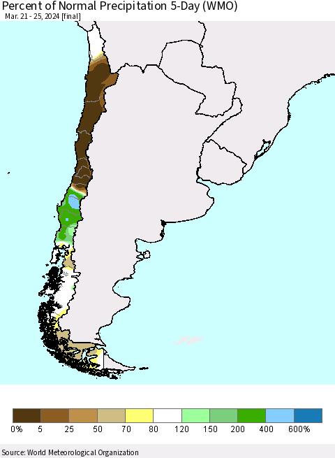 Chile Percent of Normal Precipitation 5-Day (WMO) Thematic Map For 3/21/2024 - 3/25/2024