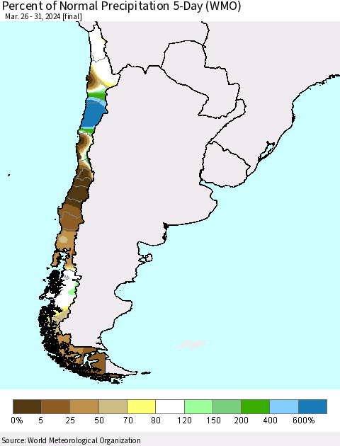 Chile Percent of Normal Precipitation 5-Day (WMO) Thematic Map For 3/26/2024 - 3/31/2024