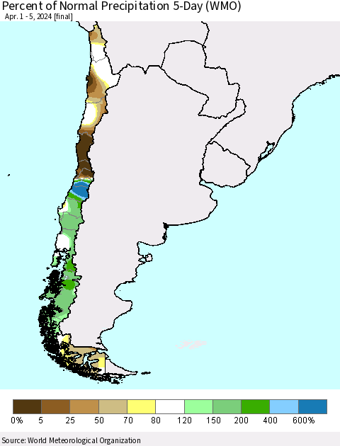 Chile Percent of Normal Precipitation 5-Day (WMO) Thematic Map For 4/1/2024 - 4/5/2024