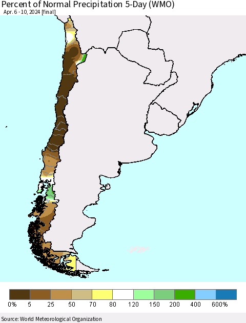 Chile Percent of Normal Precipitation 5-Day (WMO) Thematic Map For 4/6/2024 - 4/10/2024