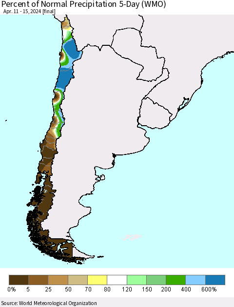 Chile Percent of Normal Precipitation 5-Day (WMO) Thematic Map For 4/11/2024 - 4/15/2024