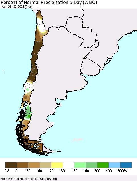 Chile Percent of Normal Precipitation 5-Day (WMO) Thematic Map For 4/16/2024 - 4/20/2024