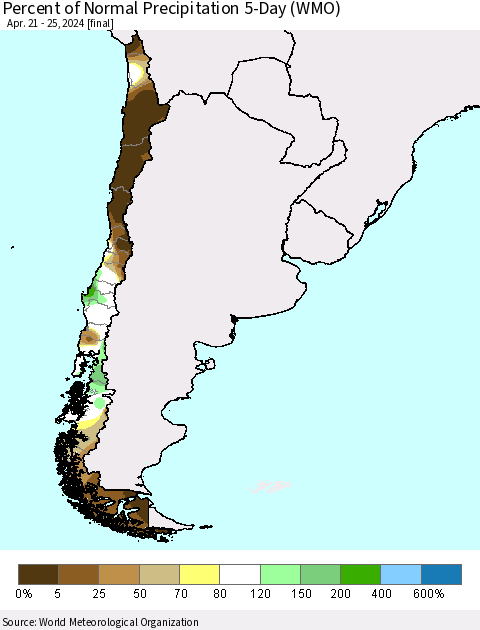 Chile Percent of Normal Precipitation 5-Day (WMO) Thematic Map For 4/21/2024 - 4/25/2024