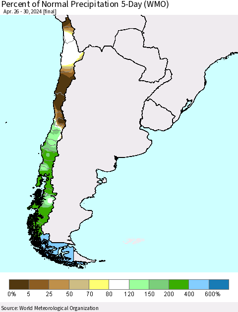 Chile Percent of Normal Precipitation 5-Day (WMO) Thematic Map For 4/26/2024 - 4/30/2024