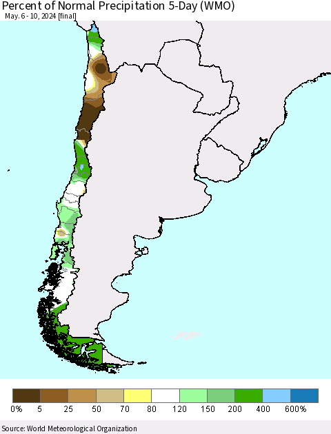 Chile Percent of Normal Precipitation 5-Day (WMO) Thematic Map For 5/6/2024 - 5/10/2024