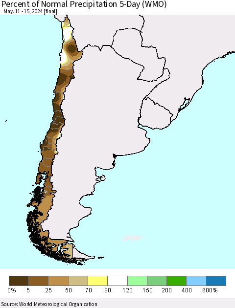 Chile Percent of Normal Precipitation 5-Day (WMO) Thematic Map For 5/11/2024 - 5/15/2024