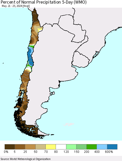 Chile Percent of Normal Precipitation 5-Day (WMO) Thematic Map For 5/21/2024 - 5/25/2024