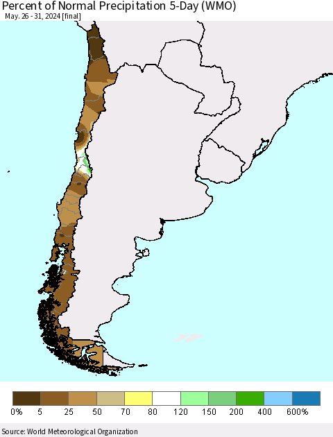 Chile Percent of Normal Precipitation 5-Day (WMO) Thematic Map For 5/26/2024 - 5/31/2024