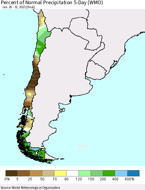 Chile Percent of Normal Precipitation 5-Day (WMO) Thematic Map For 1/26/2025 - 1/31/2025