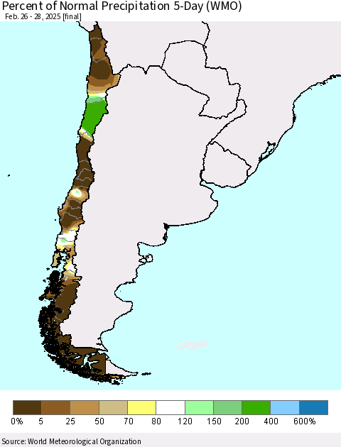 Chile Percent of Normal Precipitation 5-Day (WMO) Thematic Map For 2/26/2025 - 2/28/2025