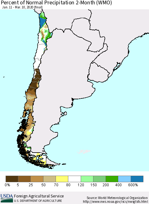 Chile Percent of Normal Precipitation 2-Month (WMO) Thematic Map For 1/11/2020 - 3/10/2020